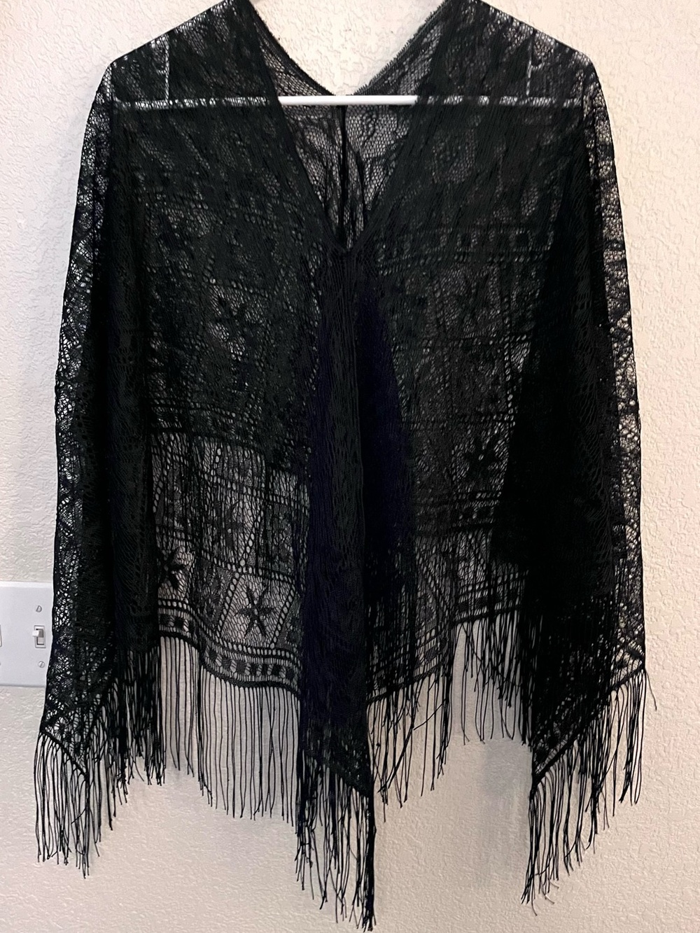 Black Lace Fringe Poncho - Women's Scarf